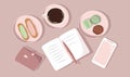Flat style illustration - scribbled notebook, coffee, smartphone and cakes.